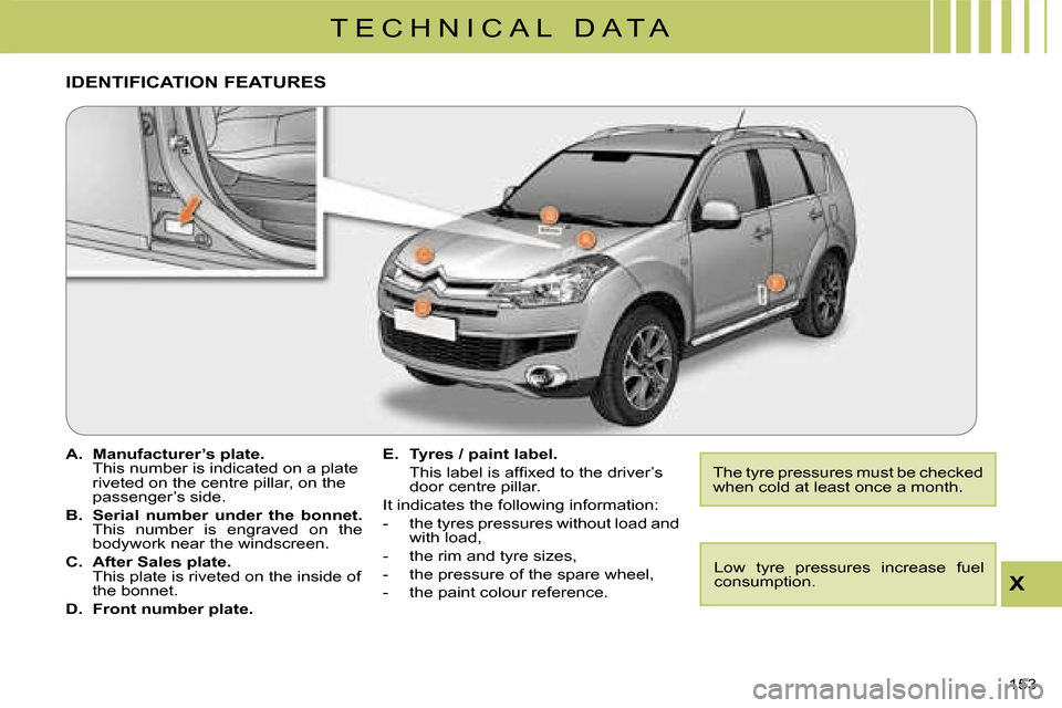 Citroen C CROSSER DAG 2008 1.G Owners Manual T E C H N I C A L   D A T A
X
153 
    
A.      
Manufacturer’s plate.    
This number is indicated on a plate  
riveted on the centre pillar, on the 
passenger’s side. 
  
B.       
Serial  numbe
