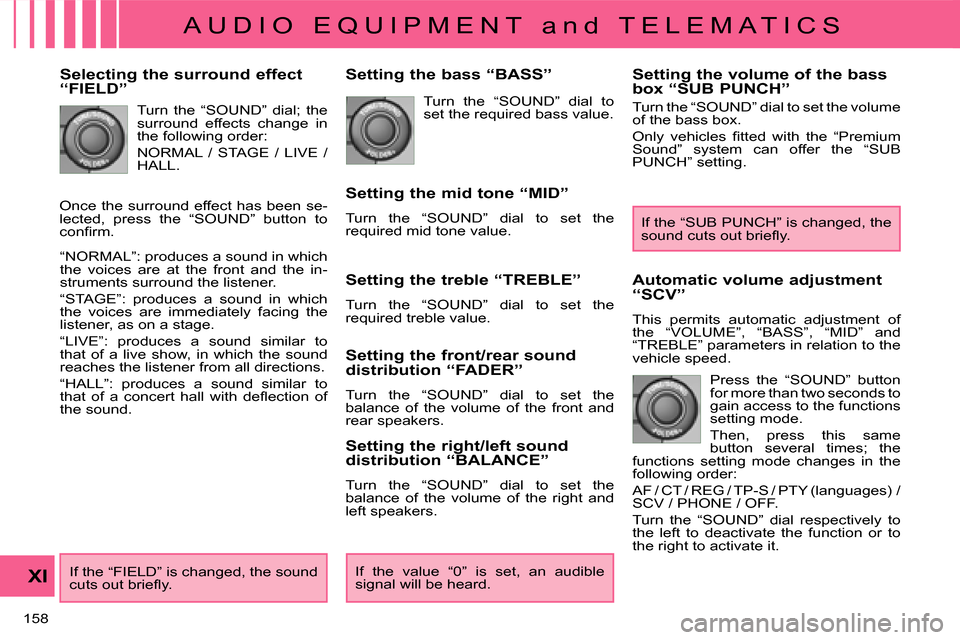 Citroen C CROSSER DAG 2008 1.G Owners Manual A U D I O   E Q U I P M E N T   a n d   T E L E M A T I C S
XI
158 
  Selecting the surround effect  
“FIELD”  Turn  the  “SOUND”  dial;  the  
surround  effects  change  in 
the following ord