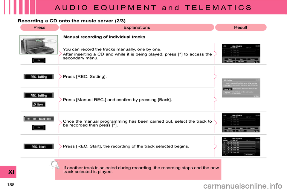 Citroen C CROSSER DAG 2008 1.G Owners Manual A U D I O   E Q U I P M E N T   a n d   T E L E M A T I C S
XI
188 
  Recording a CD onto the music server (2/3)  Press  � �E�x�p�l�a�n�a�t�i�o�n�s�   Result 
  Manual recording of individual tracks 
