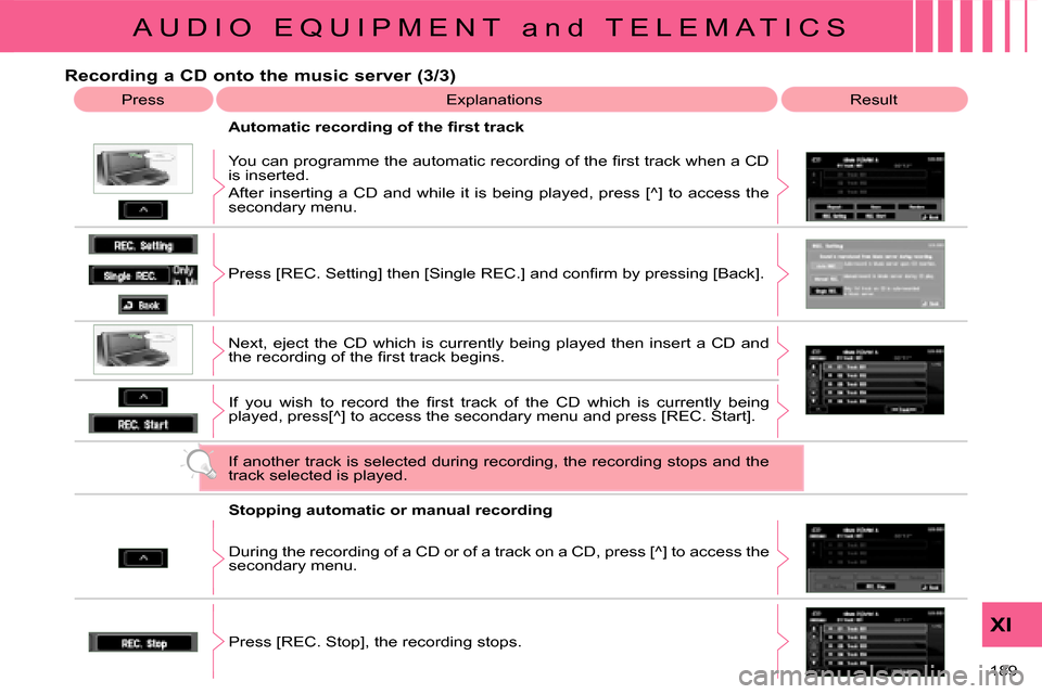 Citroen C CROSSER DAG 2008 1.G Owners Manual A U D I O   E Q U I P M E N T   a n d   T E L E M A T I C S
XI
189 
  Recording a CD onto the music server (3/3)  Press  � �E�x�p�l�a�n�a�t�i�o�n�s�   Result 
� � �A�u�t�o�m�a�t�i�c� �r�e�c�o�r�d�i�n�