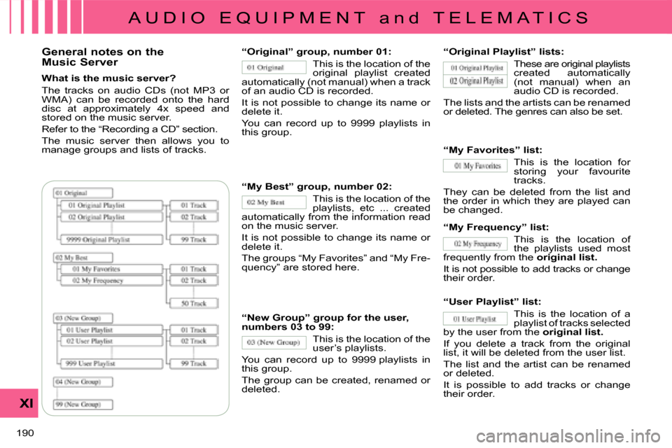 Citroen C CROSSER DAG 2008 1.G Owners Manual A U D I O   E Q U I P M E N T   a n d   T E L E M A T I C S
XI
190 
  General notes on the 
Music Server  
  What is the music server?  
 The  tracks  on  audio  CDs  (not  MP3  or  
WMA)  can  be  re