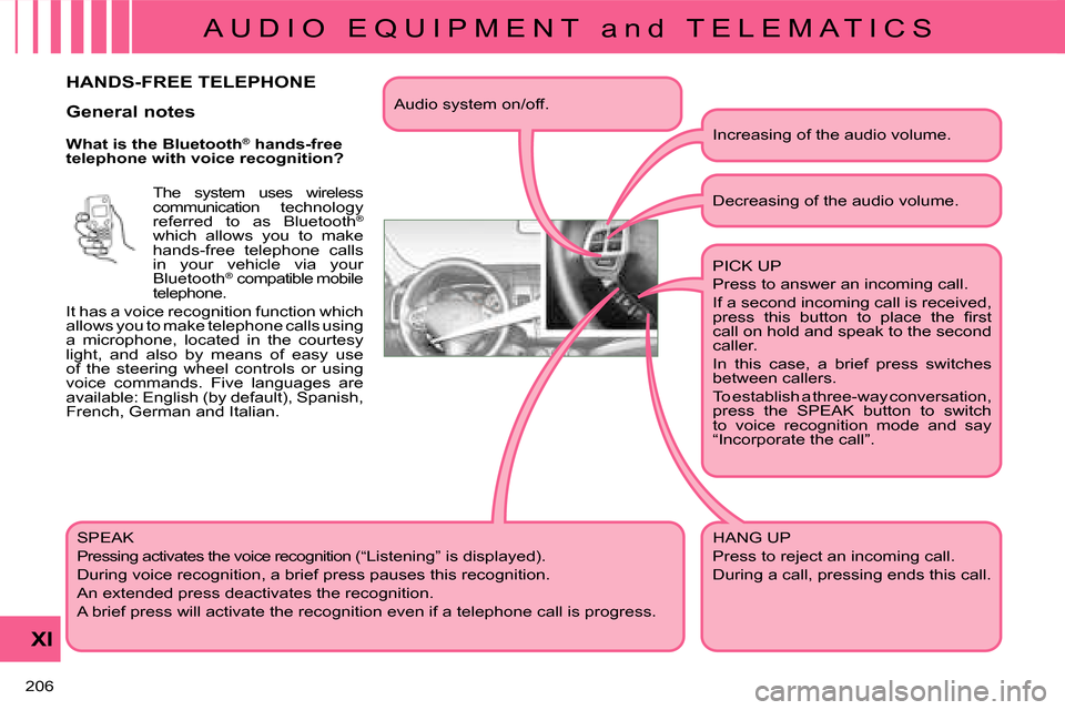 Citroen C CROSSER DAG 2008 1.G Owners Manual A U D I O   E Q U I P M E N T   a n d   T E L E M A T I C S
XI
206 
HANDS-FREE TELEPHONE 
  What is the Bluetooth®
 hands-free 
telephone with voice recognition? 
 The  system  uses  wireless  
commu