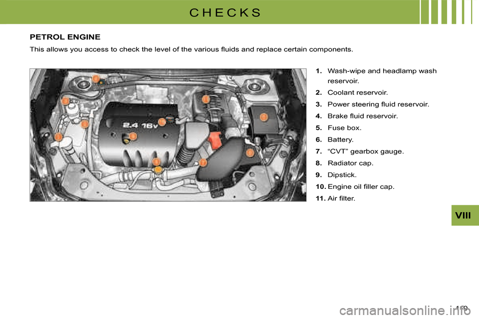 Citroen C CROSSER 2008 1.G Owners Manual C H E C K S
VIII
119 
PETROL ENGINE 
   
1.   Wash-wipe and headlamp wash  
reservoir. 
  
2.   Coolant reservoir. 
  
3.   �P�o�w�e�r� �s�t�e�e�r�i�n�g� �ﬂ� �u�i�d� �r�e�s�e�r�v�o�i�r�.� 
  
4.   �