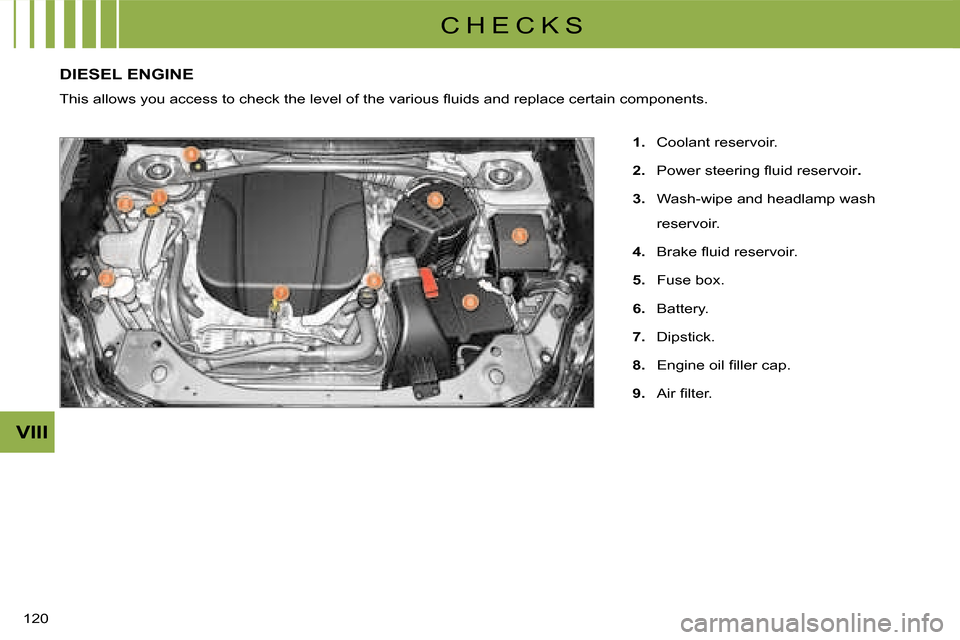 Citroen C CROSSER 2008 1.G User Guide C H E C K S
VIII
120 
DIESEL ENGINE 
� �T�h�i�s� �a�l�l�o�w�s� �y�o�u� �a�c�c�e�s�s� �t�o� �c�h�e�c�k� �t�h�e� �l�e�v�e�l� �o�f� �t�h�e� �v�a�r�i�o�u�s� �ﬂ� �u�i�d�s� �a�n�d� �r�e�p�l�a�c�e� �c�e�r�
