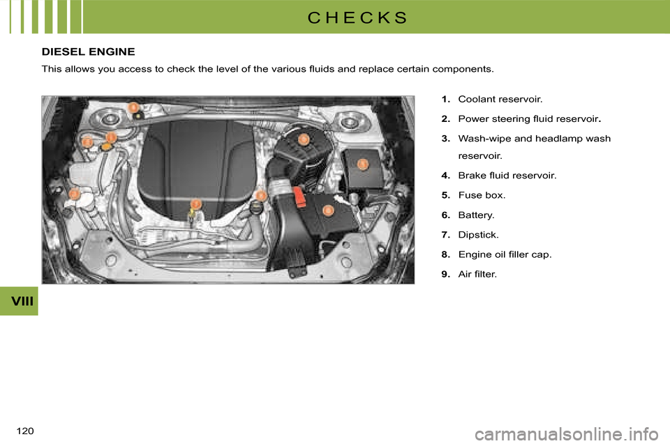 Citroen C CROSSER 2008 1.G Owners Manual C H E C K S
VIII
120 
DIESEL ENGINE 
� �T�h�i�s� �a�l�l�o�w�s� �y�o�u� �a�c�c�e�s�s� �t�o� �c�h�e�c�k� �t�h�e� �l�e�v�e�l� �o�f� �t�h�e� �v�a�r�i�o�u�s� �ﬂ� �u�i�d�s� �a�n�d� �r�e�p�l�a�c�e� �c�e�r�