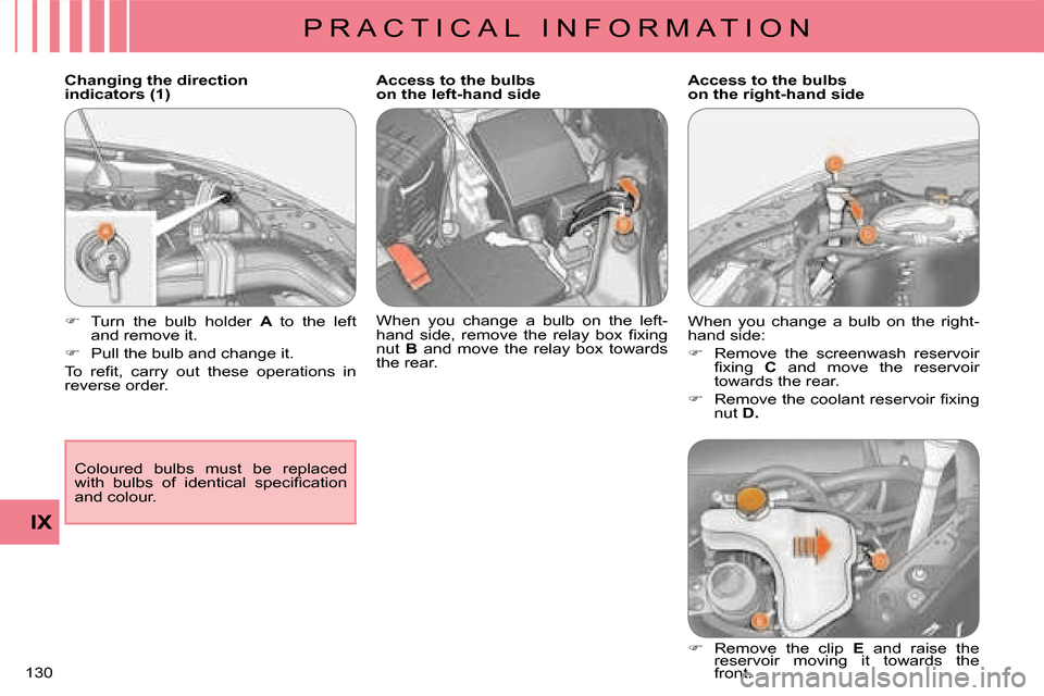 Citroen C CROSSER 2008 1.G Owners Manual P R A C T I C A L   I N F O R M A T I O N
IX
130 
  Changing the direction  
indicators (1)  Coloured  bulbs  must  be  replaced 
�w�i�t�h�  �b�u�l�b�s�  �o�f�  �i�d�e�n�t�i�c�a�l�  �s�p�e�c�i�ﬁ� �c