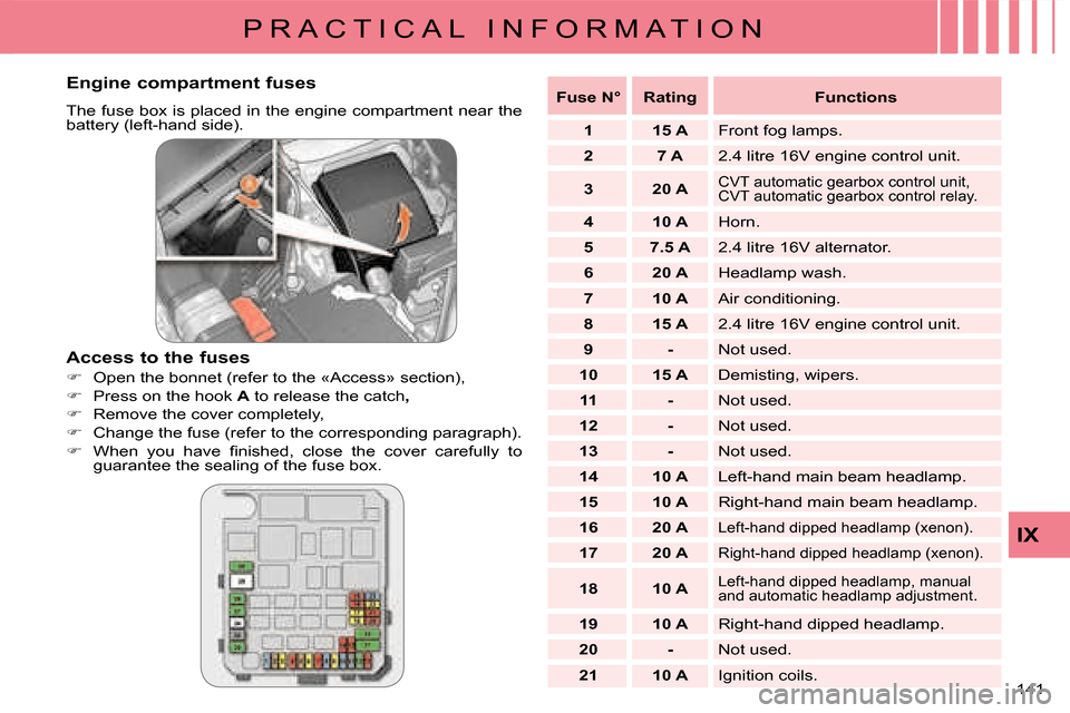 Citroen C CROSSER 2008 1.G User Guide P R A C T I C A L   I N F O R M A T I O N
IX
141 
  Engine compartment fuses  
� �T�h�e� �f�u�s�e� �b�o�x� �i�s� �p�l�a�c�e�d� �i�n� �t�h�e� �e�n�g�i�n�e� �c�o�m�p�a�r�t�m�e�n�t� �n�e�a�r� �t�h�e�  
b