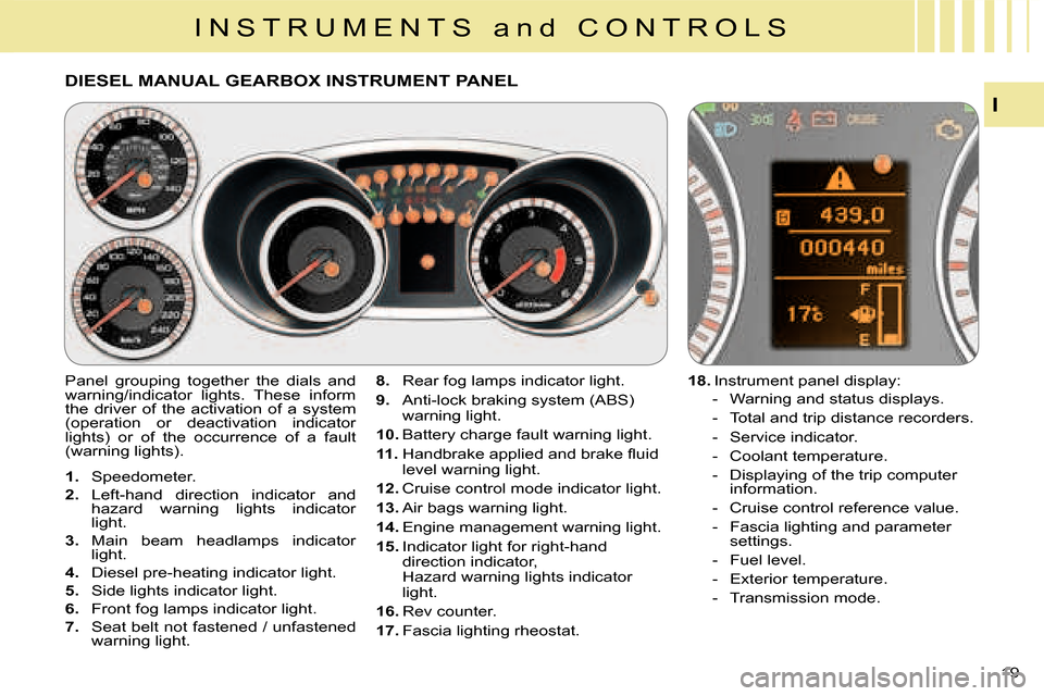 Citroen C CROSSER 2008 1.G Owners Manual I N S T R U M E N T S   a n d   C O N T R O L S
I
19 
    
1.   Speedometer. 
  
2.   Left-hand  direction  indicator  and  
hazard  warning  lights  indicator 
light. 
  
3.   Main  beam  headlamps  