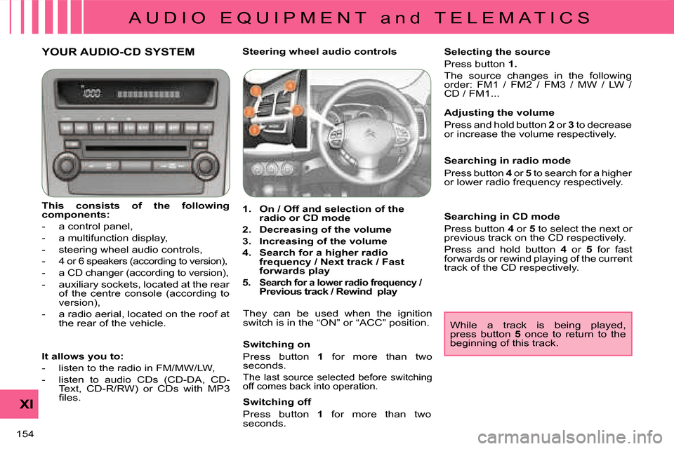 Citroen C CROSSER 2008 1.G User Guide A U D I O   E Q U I P M E N T   a n d   T E L E M A T I C S
XI
154 
YOUR AUDIO-CD SYSTEM 
  
This  consists  of  the  following  
components:   
   -   a control panel,  
  -   a multifunction display