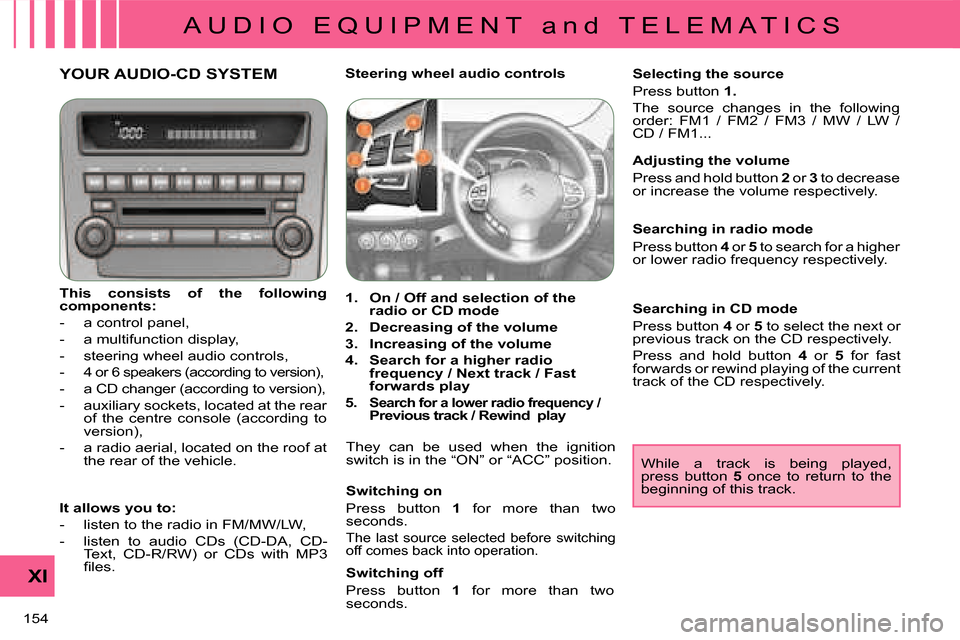 Citroen C CROSSER 2008 1.G Owners Manual A U D I O   E Q U I P M E N T   a n d   T E L E M A T I C S
XI
154 
YOUR AUDIO-CD SYSTEM 
  
This  consists  of  the  following  
components:   
   -   a control panel,  
  -   a multifunction display