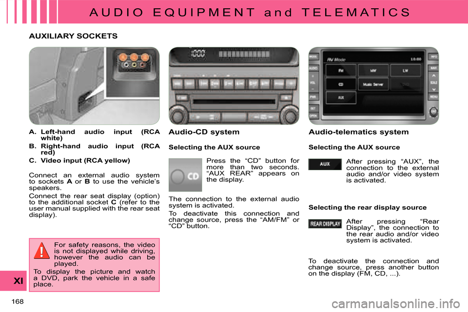 Citroen C CROSSER 2008 1.G Owners Manual A U D I O   E Q U I P M E N T   a n d   T E L E M A T I C S
XI
168 
AUXILIARY SOCKETS 
   
A.    
Left-hand  audio  input  (RCA  
white)   
  
B.    
Right-hand  audio  input  (RCA 
red)   
  
C.    
