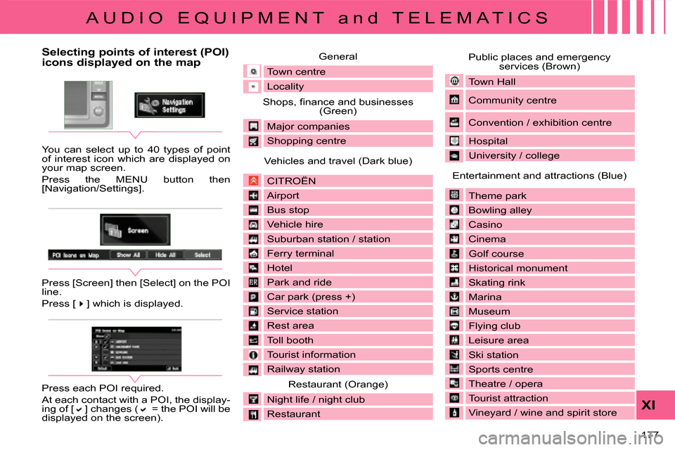 Citroen C CROSSER 2008 1.G Owners Manual A U D I O   E Q U I P M E N T   a n d   T E L E M A T I C S
XI
177 
                         Selecting points of interest (POI) 
icons displayed on the map  
 You  can  select  up  to  40  types  of  