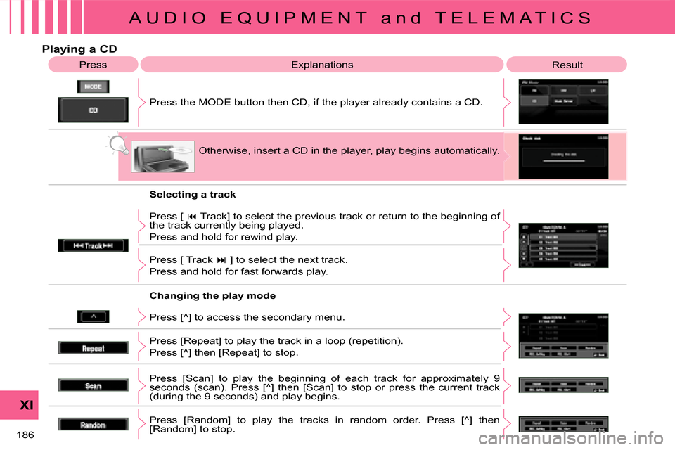 Citroen C CROSSER 2008 1.G Owners Manual A U D I O   E Q U I P M E N T   a n d   T E L E M A T I C S
XI
186 
                   Playing a CD  Press the MODE button then CD, if the player already contains  a CD. 
 Press 
� �E�x�p�l�a�n�a�t�i�