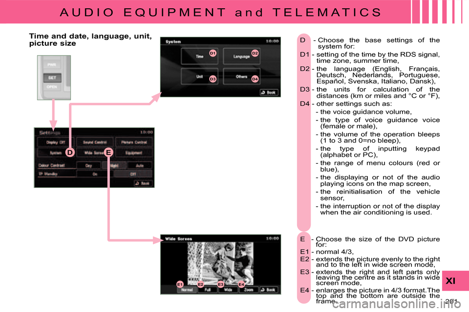 Citroen C CROSSER 2008 1.G Owners Manual DE
E1E2E3E4
D1D2
D3D4
A U D I O   E Q U I P M E N T   a n d   T E L E M A T I C S
XI
201 
  Time and date, language, unit,  
picture size  
E   -  Choose  the  size  of  the  DVD  picture 
for: 
 E1 -
