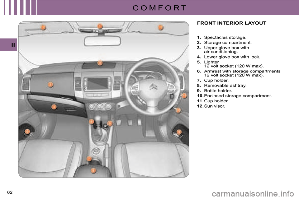 Citroen C CROSSER 2008 1.G Workshop Manual C O M F O R T
II
62 
FRONT INTERIOR LAYOUT 
    
1.    Spectacles storage. 
  
2.   Storage compartment. 
  
3.   �U�p�p�e�r� �g�l�o�v�e� �b�o�x� �w�i�t�h�  
air conditioning. 
  
4.   �L�o�w�e�r� �g�