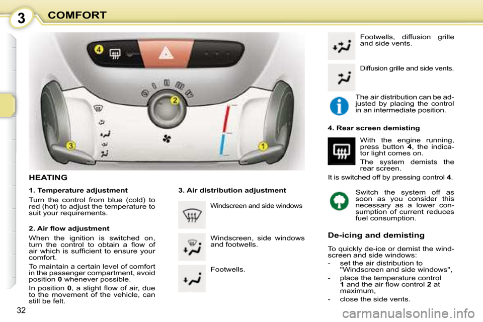Citroen C1 DAG 2008 1.G Owners Guide 3
32
COMFORT
                 HEATING  
  1. Temperature adjustment  
 Turn  the  control  from  blue  (cold)  to  
red (hot) to adjust the temperature to 
suit your requirements.   
� � �2�.� �A�i�r�
