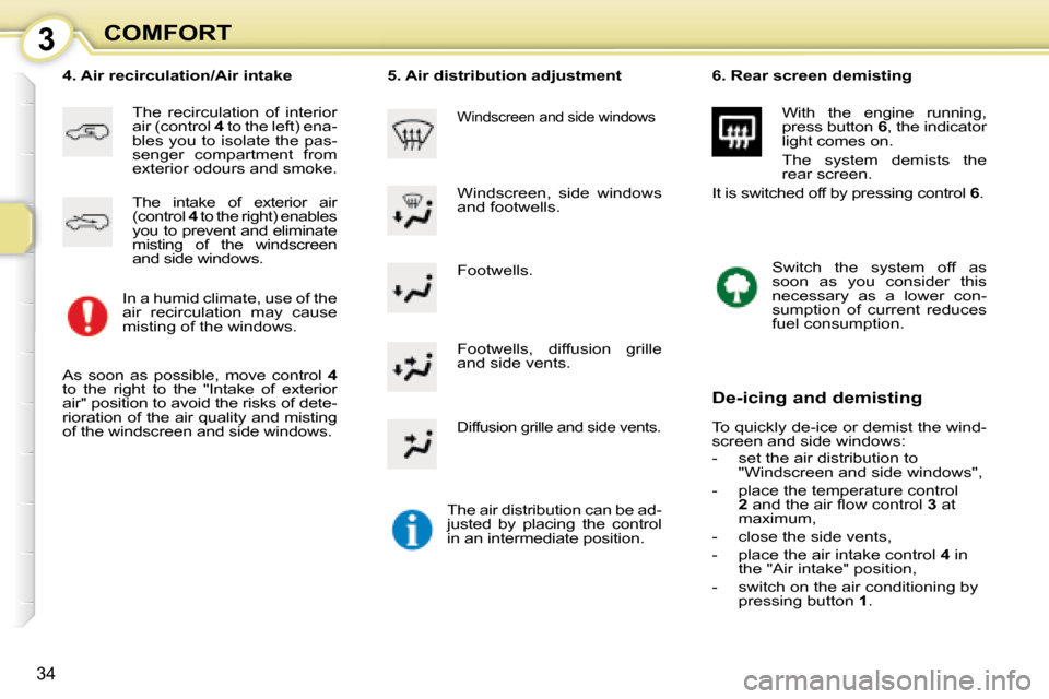 Citroen C1 DAG 2008 1.G Owners Manual 3
34
COMFORT Footwells. 
� � �4�.� �A�i�r� �r�e�c�i�r�c�u�l�a�t�i�o�n�/�A�i�r� �i�n�t�a�k�e� 
 The  recirculation  of  interior  
air (control   4  to the left) ena-
bles you to isolate the pas-
senge