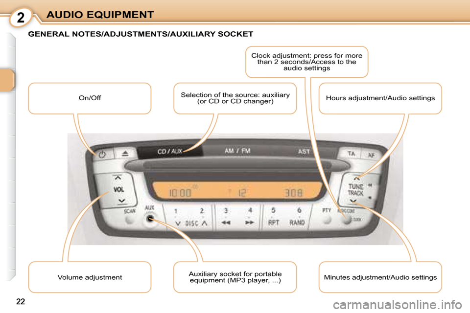 Citroen C1 2008 1.G Owners Manual 2
22
AUDIO EQUIPMENT
         GENERAL NOTES/ADJUSTMENTS/AUXILIARY SOCKET 
 On/Off  Selection of the source: auxiliary 
(or CD or CD changer)   Clock adjustment: press for more 
than 2 seconds/Access t