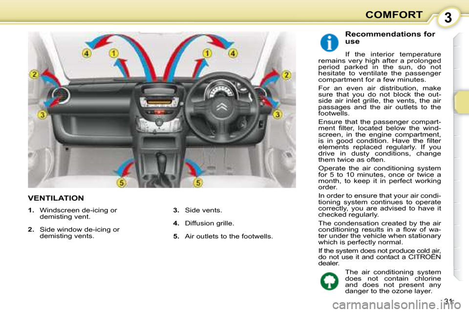 Citroen C1 2008 1.G Owners Manual 3
31
COMFORT
             VENTILATION 
  Recommendations for  
use  
 If  the  interior  temperature 
remains very high after a prolonged  
period  parked  in  the  sun,  do  not 
hesitate  to  ventil