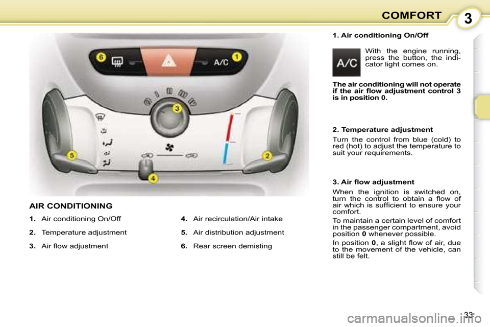 Citroen C1 2008 1.G Owners Guide 3
33
COMFORT
  1. Air conditioning On/Off   With  the  engine  running,  
press  the  button,  the  indi-
cator light comes on. 
   
1.    Air conditioning On/Off 
  
2.    Temperature adjustment 
  
