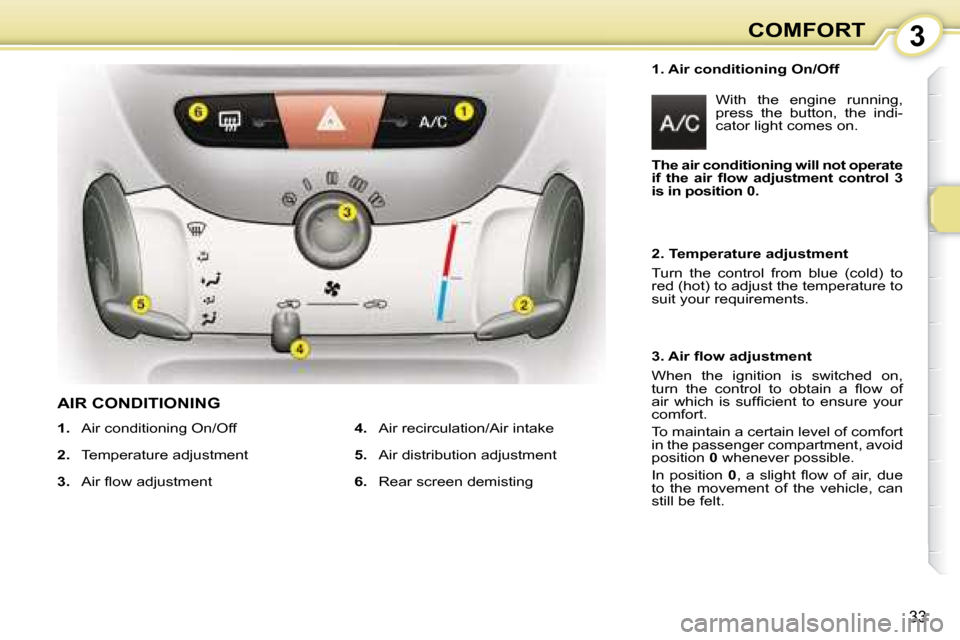 Citroen C1 2008 1.G Owners Manual 3
33
COMFORT
  1. Air conditioning On/Off   With  the  engine  running,  
press  the  button,  the  indi-
cator light comes on. 
   
1.    Air conditioning On/Off 
  
2.    Temperature adjustment 
  
