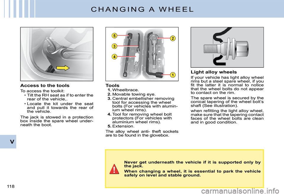 Citroen C2 DAG 2008 1.G Owners Manual 4
3
52
1
�1�1�8� 
V
C H A N G I N G   A   W H E E L
Never  get  underneath  the  vehicle  if  it  is  supported  only  by the jack.
When  changing  a  wheel,  it  is  essential  to  park  the  vehicle