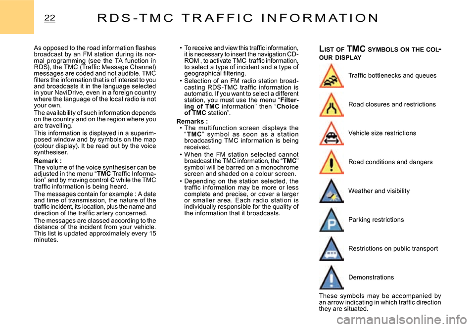 Citroen C2 DAG 2008 1.G Owners Manual 22R D S - T M C   T R A F F I C   I N F O R M A T I O N
�A�s� �o�p�p�o�s�e�d� �t�o� �t�h�e� �r�o�a�d� �i�n�f�o�r�m�a�t�i�o�n� �ﬂ� �a�s�h�e�s� broadcast  by  an  FM  station  during  its  nor-mal  pr