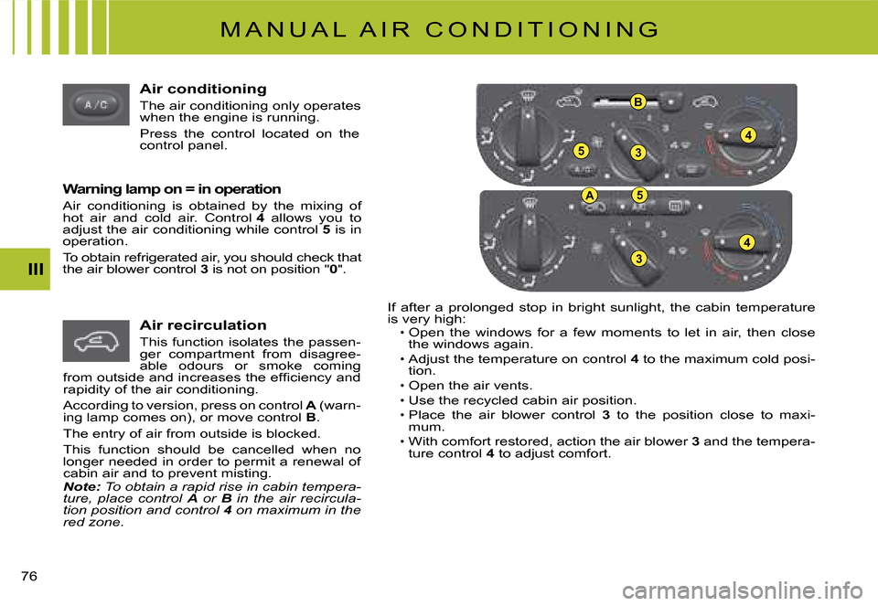 Citroen C2 DAG 2008 1.G Owners Manual 53
4
B
A5
3
4
�7�6� 
III
Air conditioning
The air conditioning only operates when the engine is running.
Press  the  control  located  on  the control panel.
Warning lamp on = in operation
Air  condit