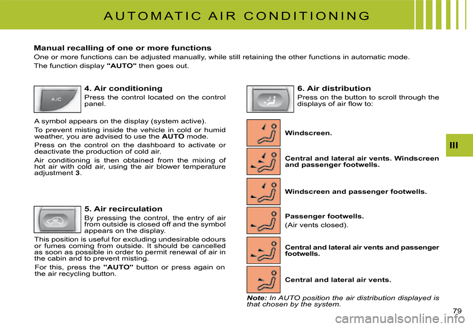 Citroen C2 DAG 2008 1.G Repair Manual �7�9� 
III
 A U T O M A T I C   A I R   C O N D I T I O N I N G 
Manual recalling of one or more functions
One or more functions can be adjusted manually, while still retaining the other functions in 