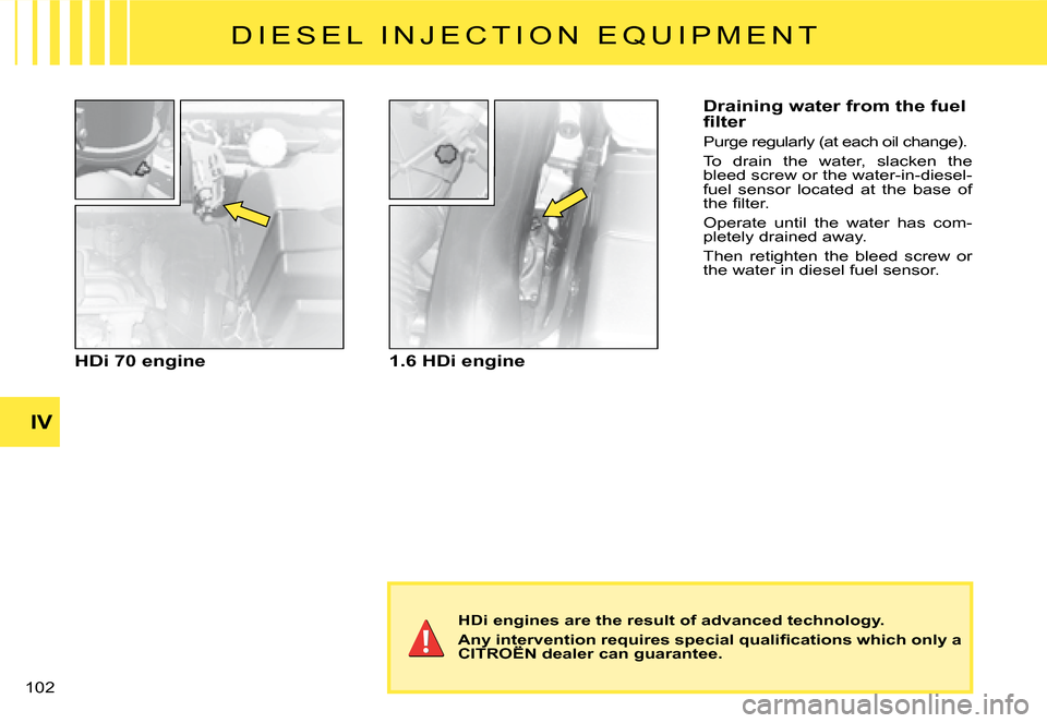 Citroen C2 DAG 2008 1.G Owners Manual �1�0�2� 
IV
HDi 70 engine1.6 HDi engine
HDi engines are the result of advanced technology.
�A�n�y� �i�n�t�e�r�v�e�n�t�i�o�n� �r�e�q�u�i�r�e�s� �s�p�e�c�i�a�l� �q�u�a�l�i�ﬁ� �c�a�t�i�o�n�s� �w�h�i�c�