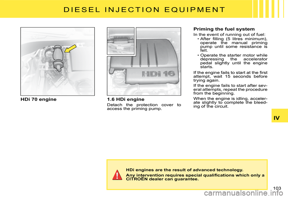 Citroen C2 DAG 2008 1.G Manual Online �1�0�3� 
IV
HDi 70 engine1.6 HDi engine
Detach  the  protection  cover  to access the priming pump.
HDi engines are the result of advanced technology.
�A�n�y� �i�n�t�e�r�v�e�n�t�i�o�n� �r�e�q�u�i�r�e�