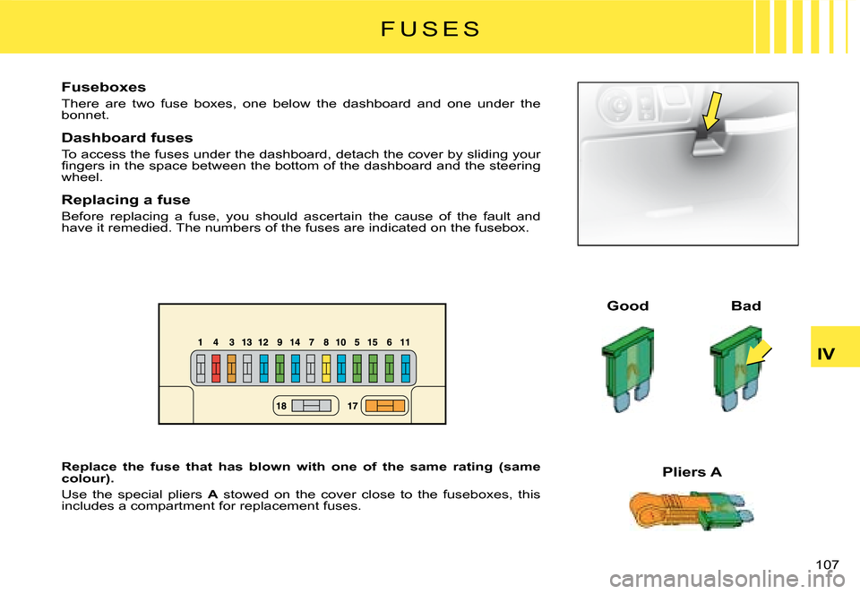 Citroen C2 DAG 2008 1.G Owners Manual �1�0�7� 
IV
F U S E S
Fuseboxes
There  are  two  fuse  boxes,  one  below  the  dashboard  and  one under  the bonnet.
Dashboard fuses
To access the fuses under the dashboard, detach the cover by slid