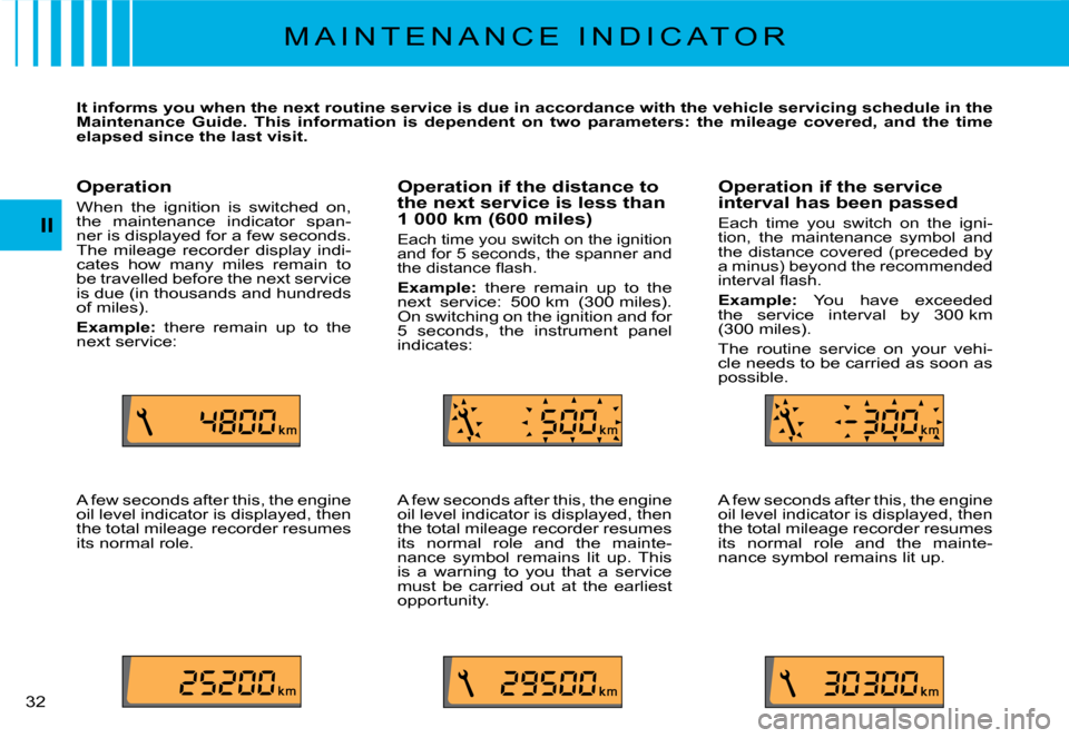 Citroen C2 2008 1.G Owners Manual II
 3 2  
M A I N T E N A N C E   I N D I C A T O R
It informs you when the next routine service is due in accordance with the vehicle servicing schedule in the Maintenance  Guide.  This  information 
