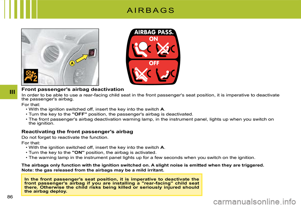Citroen C2 2008 1.G Owners Manual A
III
86 
A I R B A G S
In  the  front  passengers  seat  position,  it  is  imperative  to  deactivate  the front  passengers  airbag  if  you  are  installing  a  "r ear-facing"  child  seat �t�h�