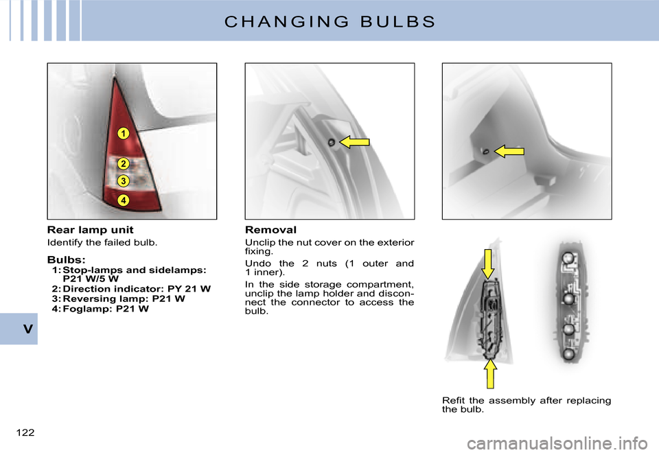 Citroen C3 DAG 2008 1.G Owners Manual 4
3
1
2
V
�1�2�2� 
Rear lamp unit
Identify the failed bulb.
Bulbs:1: Stop-lamps and sidelamps: P21 W/5 W2: Direction indicator: PY 21 W3: Reversing lamp: P21 W4: Foglamp: P21 W
Removal
Unclip the nut 
