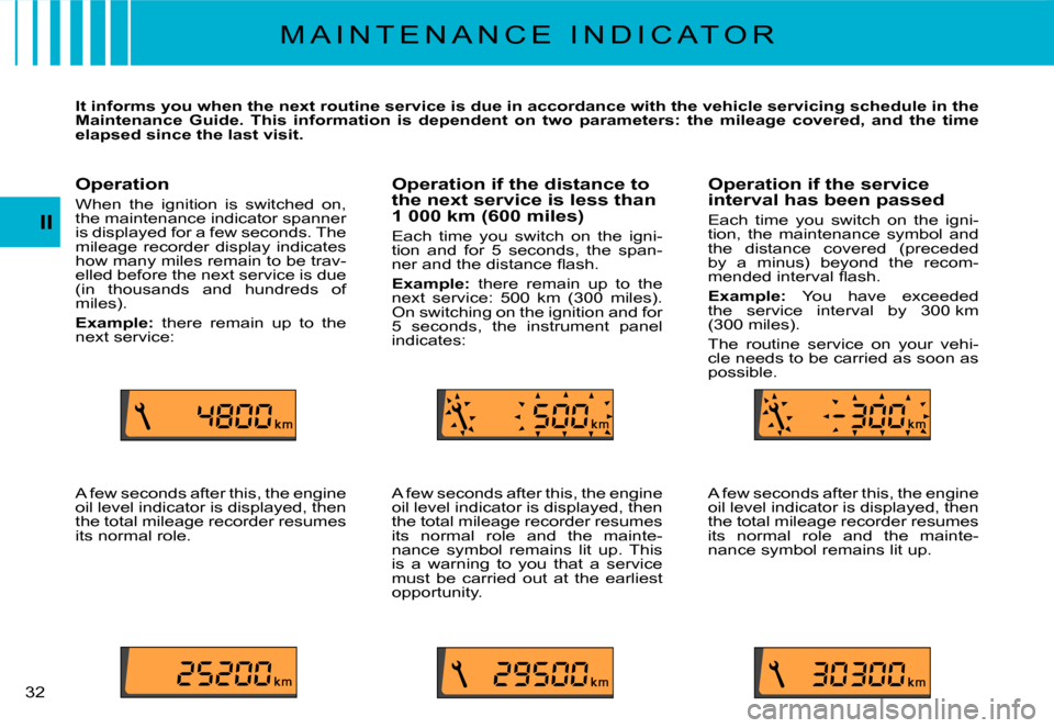 Citroen C3 DAG 2008 1.G User Guide II
�3�2� 
M A I N T E N A N C E   I N D I C A T O R
It informs you when the next routine service is due in accordance with the vehicle servicing schedule in the Maintenance  Guide.  This  information 