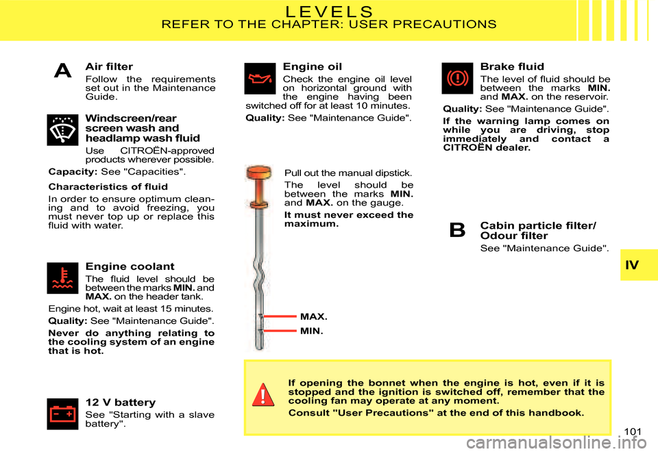 Citroen C3 DAG 2008 1.G Owners Manual A
B
IV
�1�0�1� 
�L �E �V �E �L �SREFER TO THE CHAPTER: USER PRECAUTIONS
�A�i�r� �ﬁ� �l�t�e�r
Follow  the  requirements set out in the Maintenance Guide.
Engine oil
Check  the  engine  oil  level on 