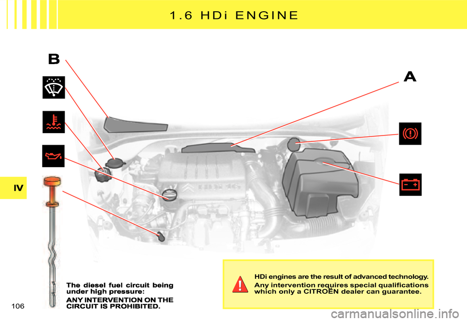 Citroen C3 DAG 2008 1.G Owners Guide �1�0�6� 
�1 �. �6 �  �H �Di  E N G I N E
HDi engines are the result of advanced technology.
�A�n�y� �i�n�t�e�r�v�e�n�t�i�o�n� �r�e�q�u�i�r�e�s� �s�p�e�c�i�a�l� �q�u�a�l�i�ﬁ� �c�a�t�i�o�n�s� which on