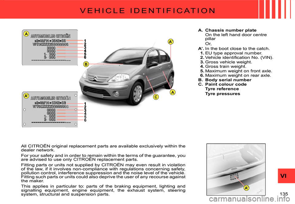 Citroen C3 2008 1.G Service Manual A
A’
A’
AC
B
A’
456
135 
VI
V E H I C L E   I D E N T I F I C A T I O N
A.  Chassis number plateOn the left hand door centre pillar
Or,A’. In the boot close to the catch.1. EU type approval nu