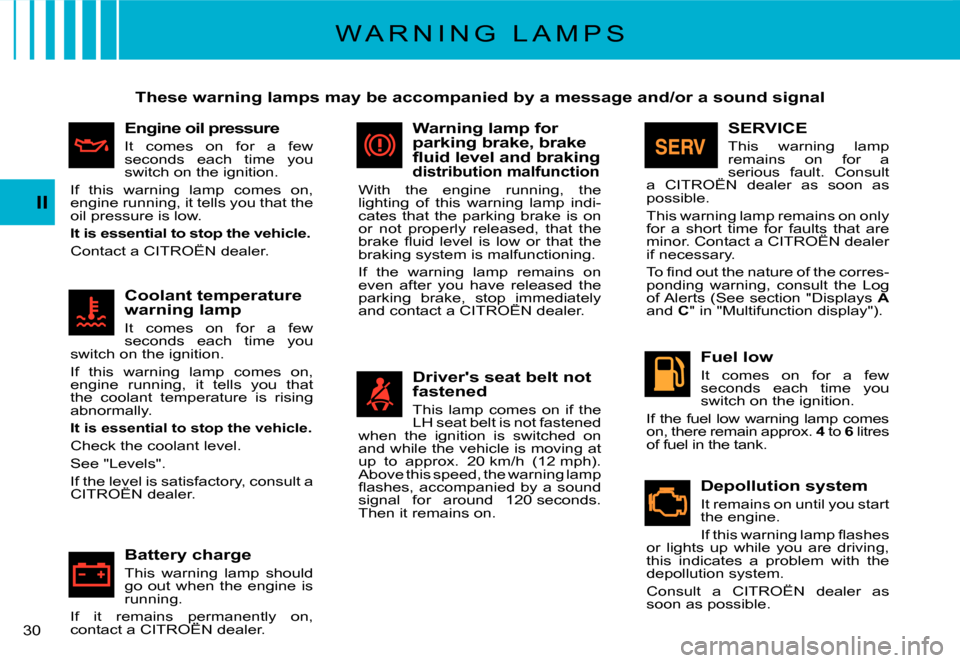 Citroen C3 2008 1.G Owners Manual 30 
II
W A R N I N G   L A M P S
These warning lamps may be accompanied by a message and/or a sound signal
Engine oil pressure
It  comes  on  for  a  few seconds  each  time  you switch on the ignitio