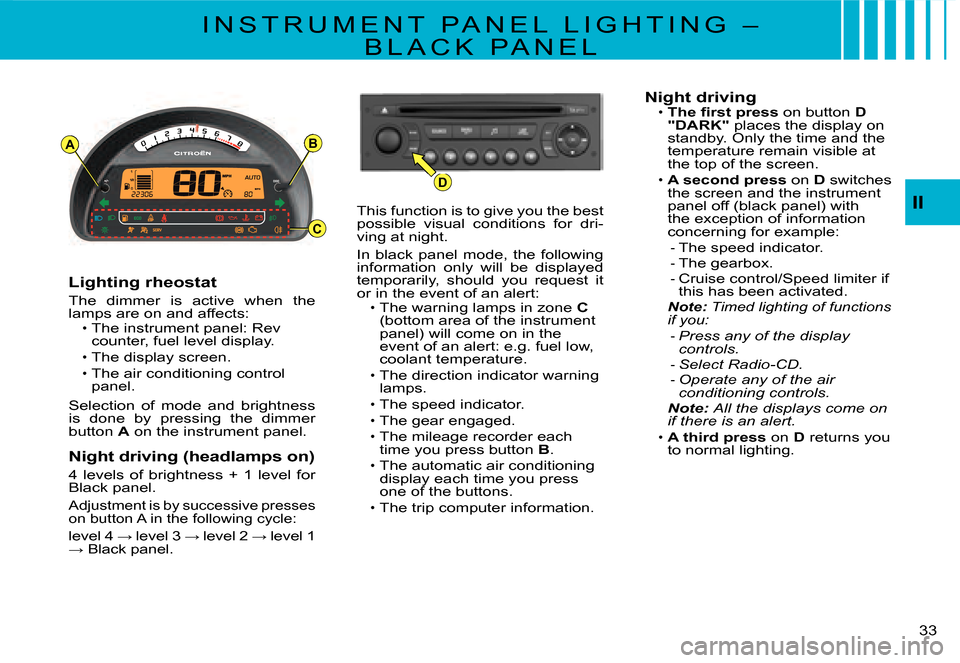 Citroen C3 2008 1.G User Guide AB
D
C
33 
II
I N S T R U M E N T   P A N E L   L I G H T I N G   – 
B L A C K   P A N E L
Lighting rheostat
The  dimmer  is  active  when  the lamps are on and affects:The instrument panel: Rev cou