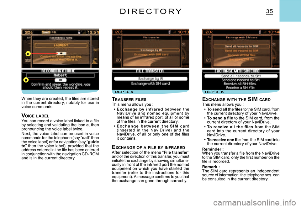 Citroen C3 2008 1.G Owners Manual REP 3. bREP 3. a
a
a
35D I R E C T O R Y
EXCHANGE  WITH  THE  SIM  CARDThis menu allows you :�T�o� �s�e�n�d� �a�l�l� �t�h�e� �ﬁ� �l�e�s to the SIM card, from the current directory of your NaviDrive.