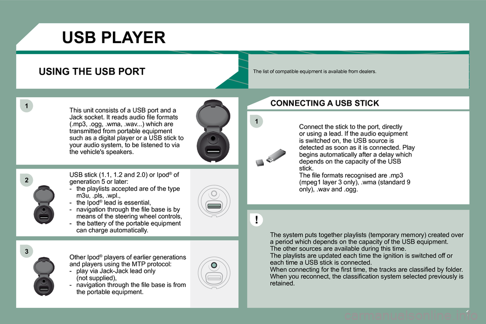 Citroen C3 2008 1.G User Guide 1
11
11
22
33
          USB PLAYER
  The system puts together playlists (temporary memory) created over a period which depends on the capacity of the USB e quipment.  The other sources are available d