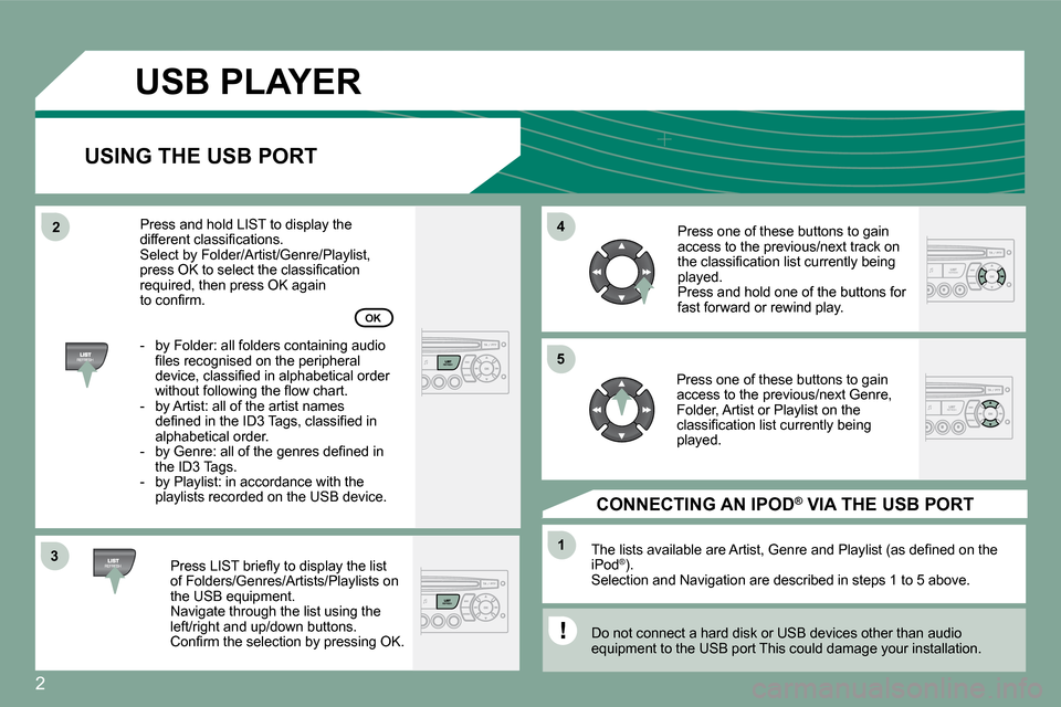 Citroen C3 2008 1.G Owners Manual �2
33
44
11
55
22
  USB PLAYER
  USING THE USB PORT 
� � �P�r�e�s�s� �L�I�S�T� �b�r�i�e�ﬂ� �y� �t�o� �d�i�s�p�l�a�y� �t�h�e� �l�i�s�t� of Folders/Genres/Artists/Playlists on the USB equipment.  Navi