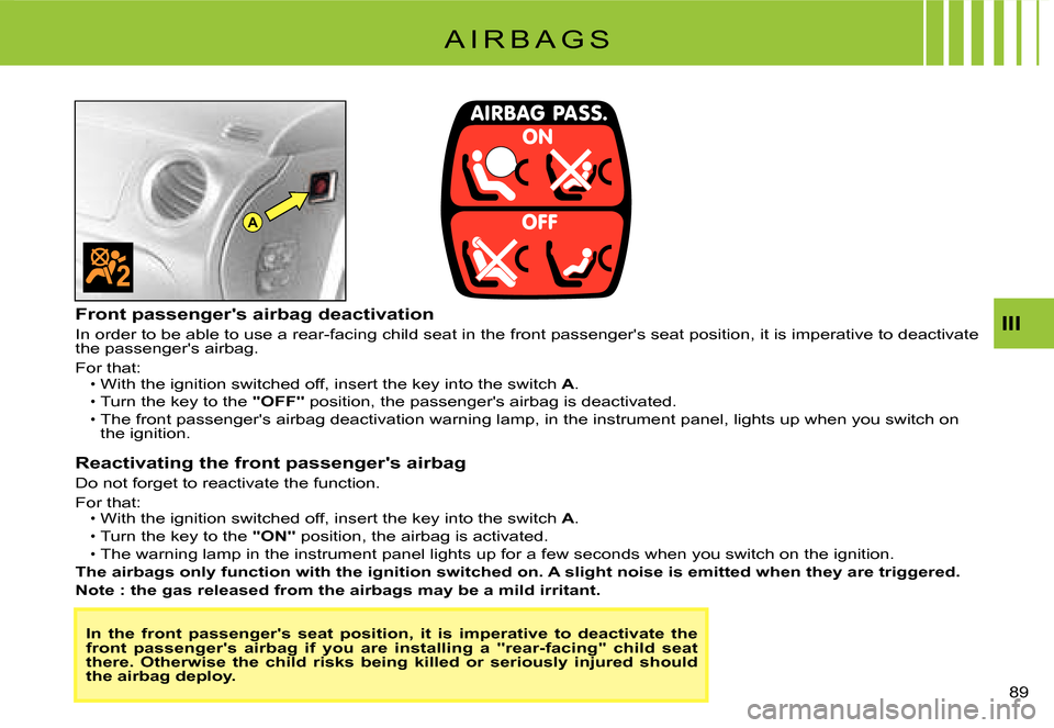 Citroen C3 2008 1.G Owners Manual A
89 
III
A I R B A G S
In  the  front  passengers  seat  position,  it  is  imperative  to  deactivate  the front  passengers  airbag  if  you  are  installing  a  "r ear-facing"  child  seat there