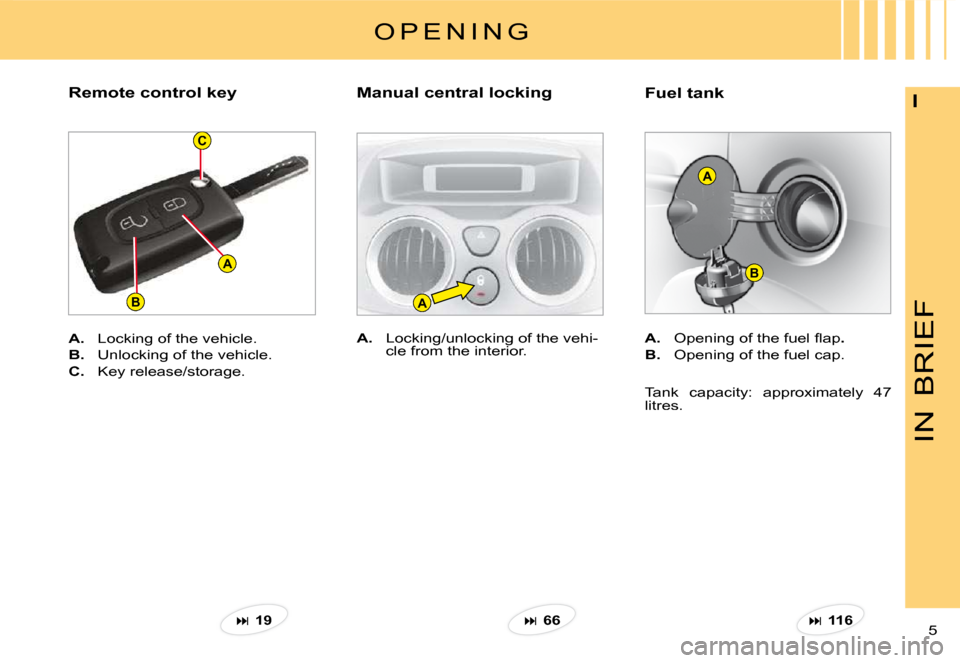 Citroen C3 PLURIEL DAG 2008 1.G Owners Manual A
C
BA
A
B
IN
BRIEF
5 
I�F�u�e�l� �t�a�n�k
A.�  �O�p�e�n�i�n�g� �o�f� �t�h�e� �f�u�e�l� �ﬂ� �a�p.
B.  Opening of the fuel cap.
Tank  capacity:  approximately  47 litres.
A.  Locking/unlocking of the