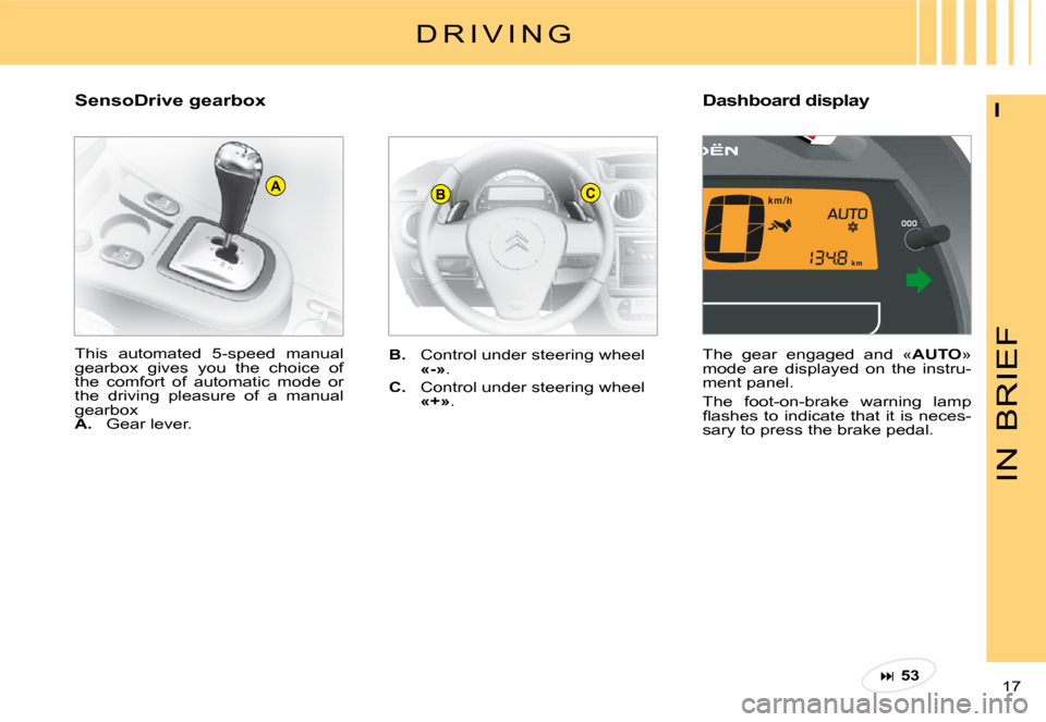 Citroen C3 PLURIEL DAG 2008 1.G User Guide BCA
IN
BRIEF
17 
I�D�a�s�h�b�o�a�r�d� �d�i�s�p�l�a�y� 
SensoDrive gearbox
B.  Control under steering wheel «-».
C.  Control under steering wheel «+».
This  automated  5-speed  manual gearbox  give