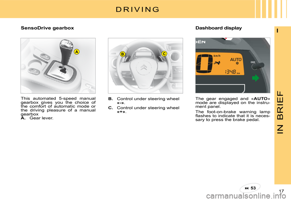 Citroen C3 PLURIEL DAG 2008 1.G Owners Manual BCA
IN
BRIEF
17 
I�D�a�s�h�b�o�a�r�d� �d�i�s�p�l�a�y� 
SensoDrive gearbox
B.  Control under steering wheel «-».
C.  Control under steering wheel «+».
This  automated  5-speed  manual gearbox  give