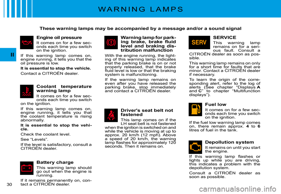 Citroen C3 PLURIEL DAG 2008 1.G Owners Manual II
�3�0� 
W A R N I N G   L A M P S
These warning lamps may be accompanied by a message and/or a sound signal
Engine oil pressure
It comes on for a few sec-onds each time you switch on the ignition.
I