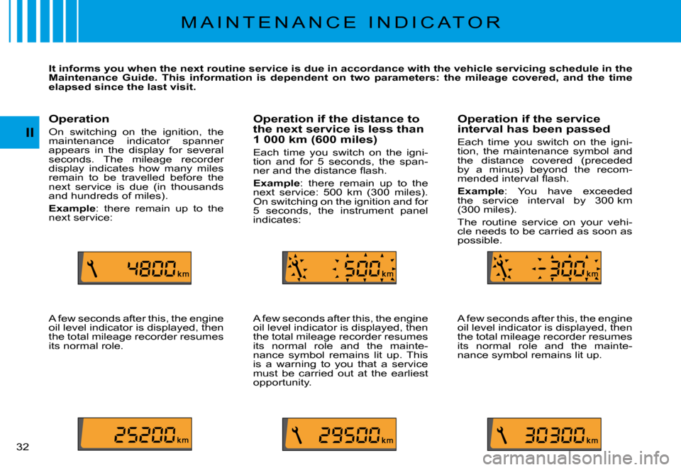 Citroen C3 PLURIEL DAG 2008 1.G Owners Manual II
�3�2� 
M A I N T E N A N C E   I N D I C A T O R
It informs you when the next routine service is due in accordance with the vehicle servicing schedule in the Maintenance  Guide.  This  information 